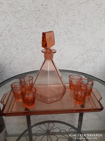 Art deco Czech polished glass liqueur set, with 7 pcs + tray, salmon color, in perfect condition