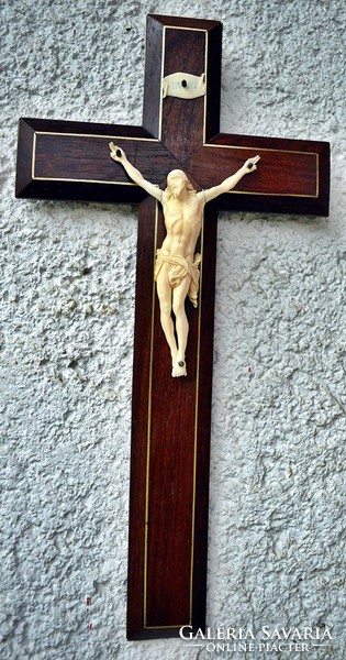 49. Antik CSONT Jézus Krisztus (11cm), 35.5cm intarzia feszület, kereszt, korpusz