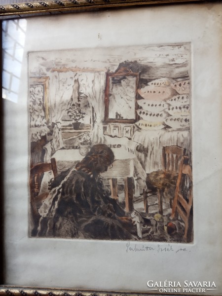 Issák Perlmutter colored etching of a little girl playing