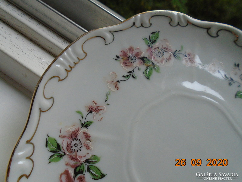 Zolnay plate with shield seal, painted over glaze, gold-feathered peach flower pattern