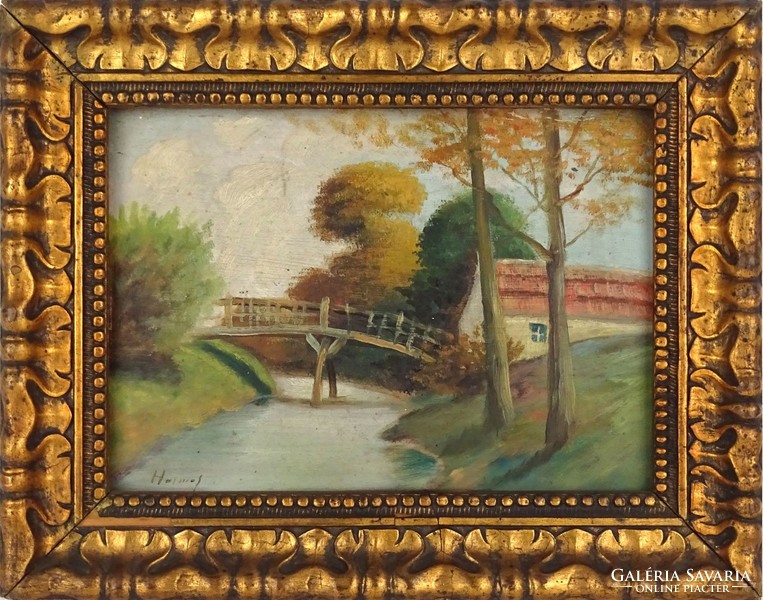 1B841 Első világháborús hadisegélyező festmény Halmos : Híd a patak felett