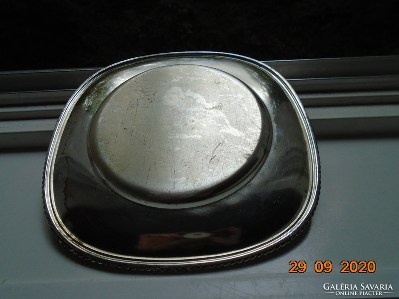 Silver-plated rounded rectangular decorative bowl with appliqué braided rim pattern