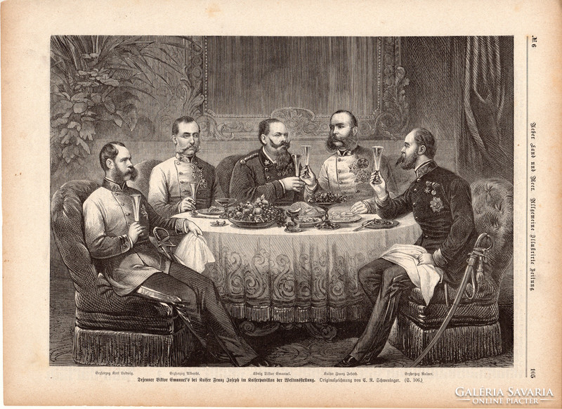 Ebéd, Viktor Emánuel (2), metszet 1874, 22 x 31 cm, Ferenc József, monarchia, újság, császár, herceg
