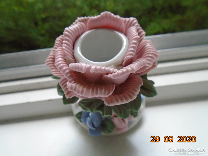 Handmade, hand-painted rose petal candle holder in Capodimonte style