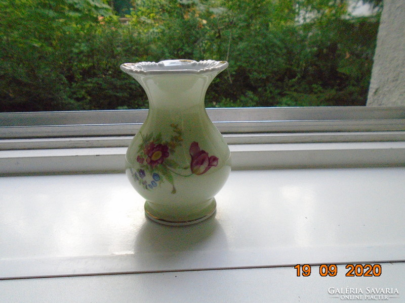 Antique hand painted metzler-ortloff flower pattern pale green glazed vase