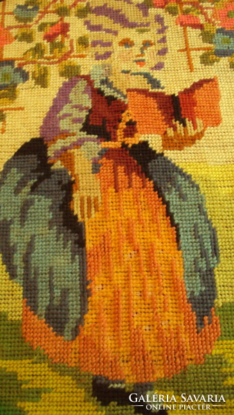 Miss Biedermeier in a wreath of flowers --- careful small stitched, colorful antique tapestry.