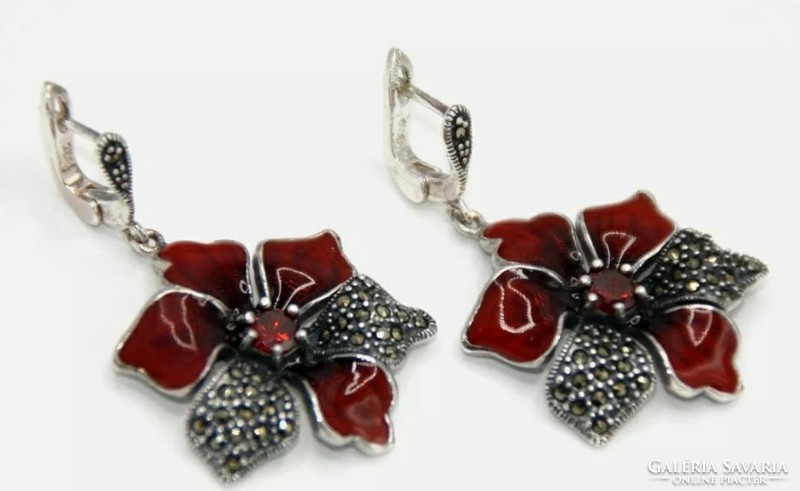 Wonderful, huge flower with ear garnet and marcasite, silver / 925 / - new