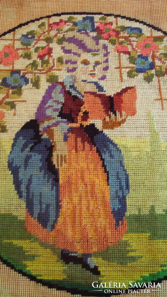 Miss Biedermeier in a wreath of flowers --- careful small stitched, colorful antique tapestry.