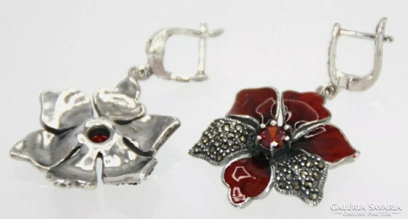 Wonderful, huge flower with ear garnet and marcasite, silver / 925 / - new