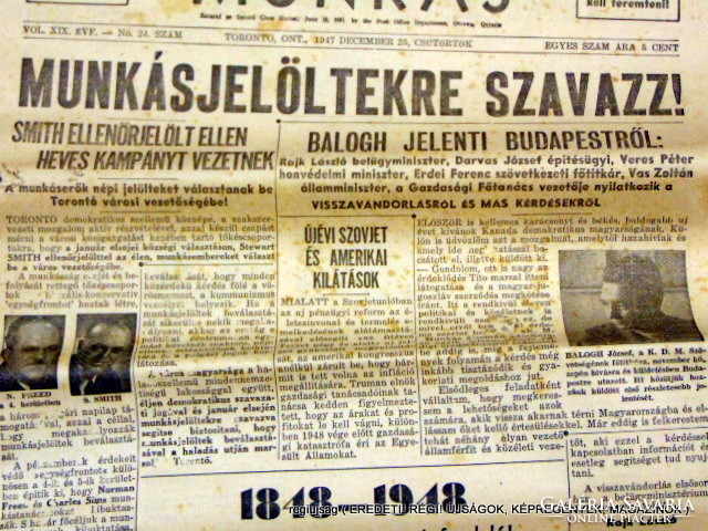 1947 12 25  /  MUNKÁSJELÖLTEKRE SZAVAZZ!  /  Kanadai Magyar Munkás  /  Szs.:  12479