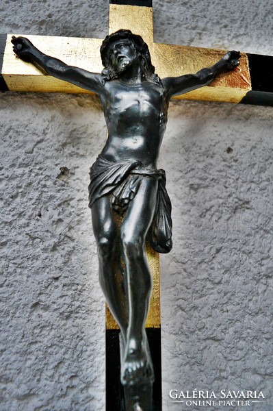 Antik fém Jézus Krisztus (20,5 cm), 42 cm aranyozott feszület, aprólékos kereszt, korpusz