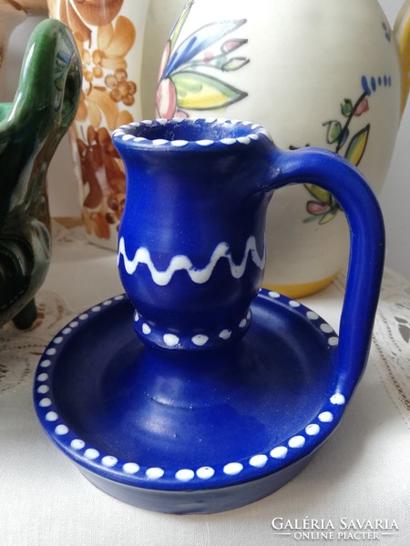 Blue and white patterned ceramic candle holder with ears