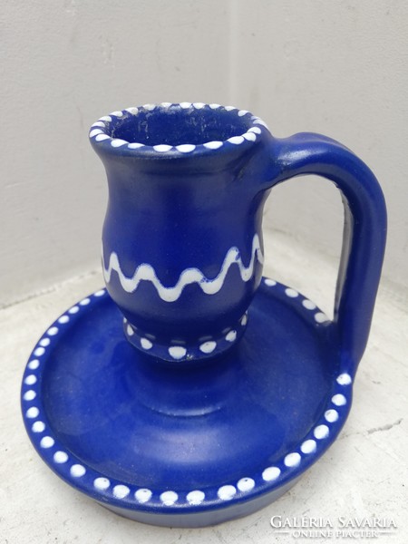 Blue and white patterned ceramic candle holder with ears