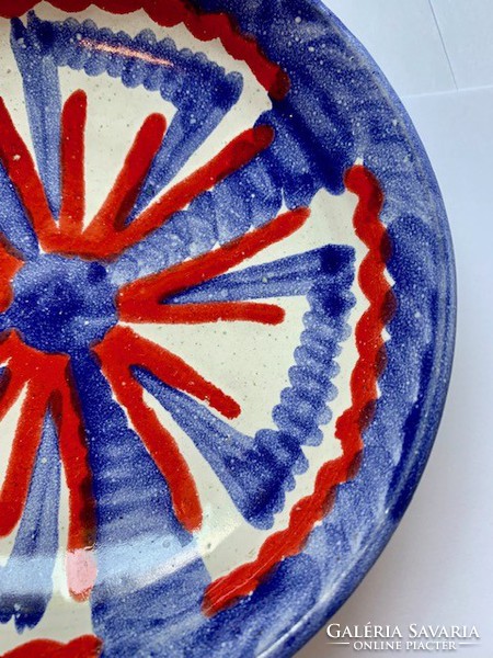 Zsűrizett iparművész dísztányér retro kék-piros dísztál tányér mázas cserép kerámia fali dísz tál