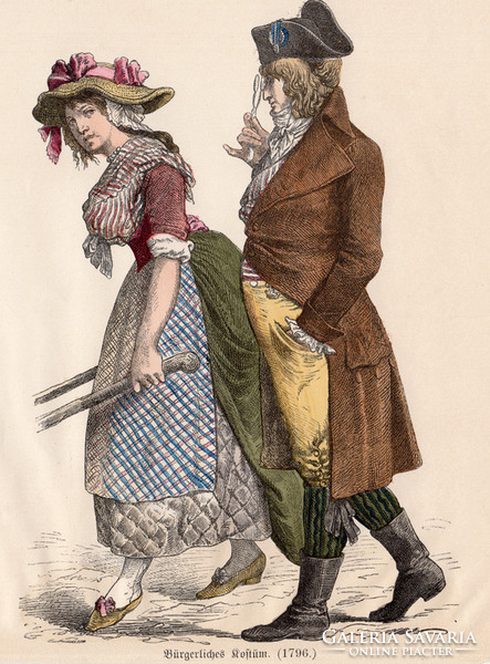 Viselettörténet (37), litográfia 1880, öltözet, ruha, divat, német, francia, történelem, 1793, XVIII