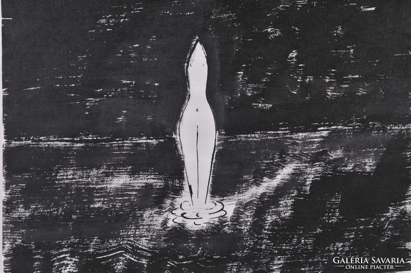 Borsos Miklósnak tulajdonítva (1906-1991): Női torzó a vízben, tusrajz