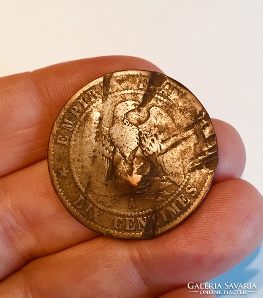 10 Dix Centimes bronz pénz érme 1855 Franciaország III. Napoleon – golyónyommal!!! régi francia pénz