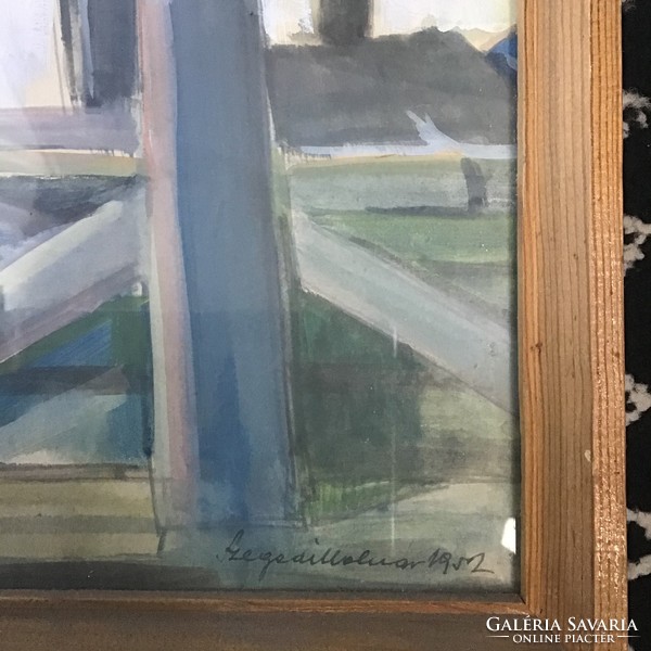 Régi Szegedi Molnár Géza (1906-1970) olajtempera festmény üvegezett keretben