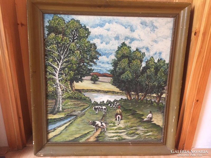 Rosta János olajfestmény tájkép tehén pásztor juhász