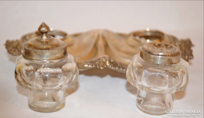 Silver ink pen holder with original crystal bottles with silver marks in several places