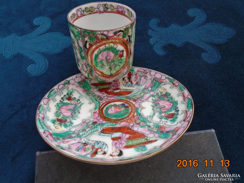 Famille rose gilt scene Chinese coffee cup with coaster with 6 hand marks