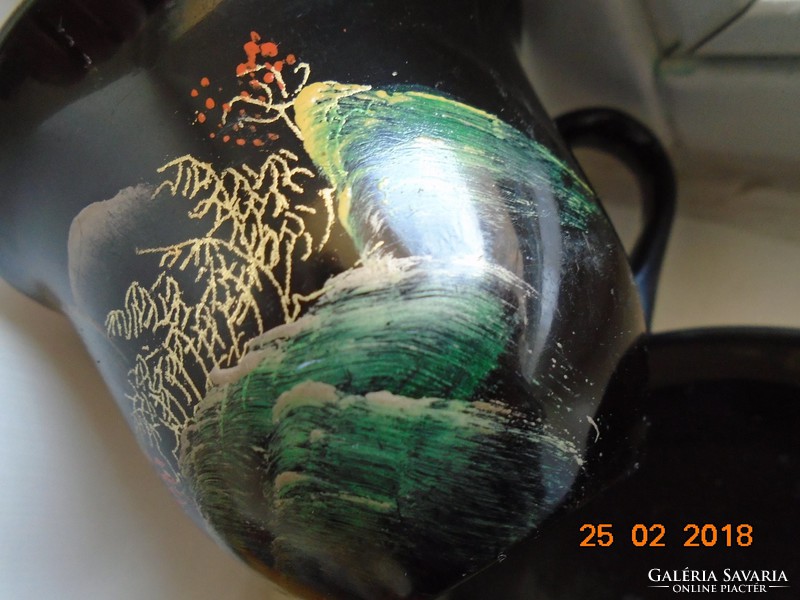 Hand-painted, gilded high mountain landscape, Japanese lacquered wood cup with coaster