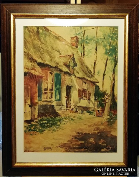 Around the old house (30 x 40, marked - 1954, old watercolor, beautiful frame)