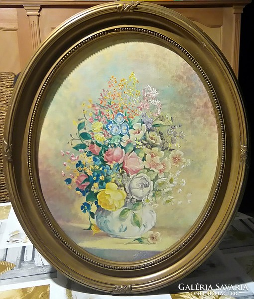 Beautiful oil still life in an oval wooden frame