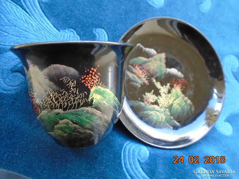 Hand painted Japanese lacquered wood cup with coaster