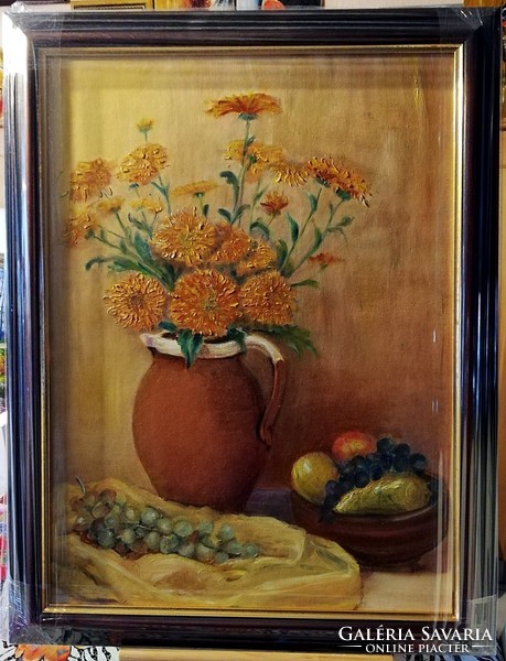 Floral still life with fruits (68x52, oil, super new frame)