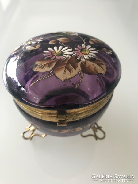 Antique hand-painted purple glass bonbonier in a gilded copper frame, 9 cm high