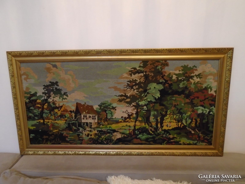 Beautiful antique large tapestry still life in handmade thick gilt wood frame