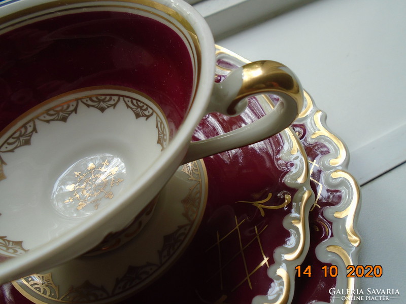 1895 Újszerű Barokk dombor arany mintákkal bordó teás reggeliző készlet