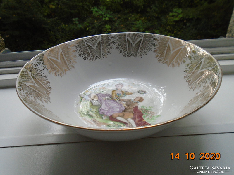 Deep bowl with a wide gold pattern, with a genre scene based on a painting by Watteau