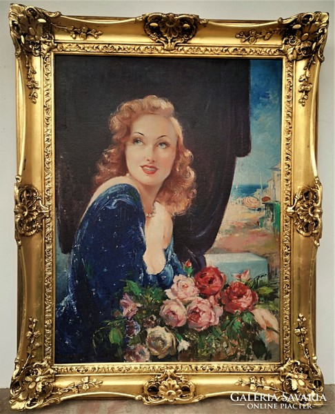 Jancsek Antal (1907 - 1985) Leány rózsacsokorral c. olajfestménye 98x78cm EREDETI GARANCIÁVAL !