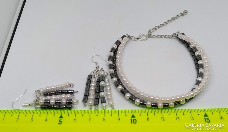 3 Row black hematite and white tekla pearl bracelet and earring set
