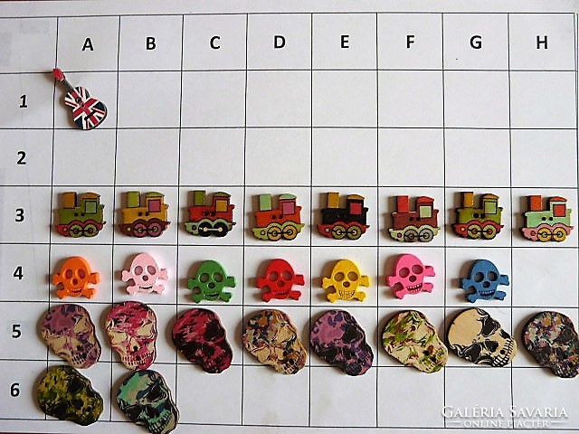 Guitar, locomotive, skull button, wood button collection for clothes, bags, scrapbooking