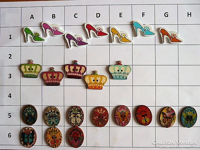 Stiletto, crown button, wooden button from the collection for clothes, bags, scrapbooking