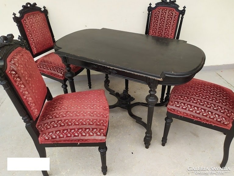 Antique old German table and set of 4 upholstered chairs