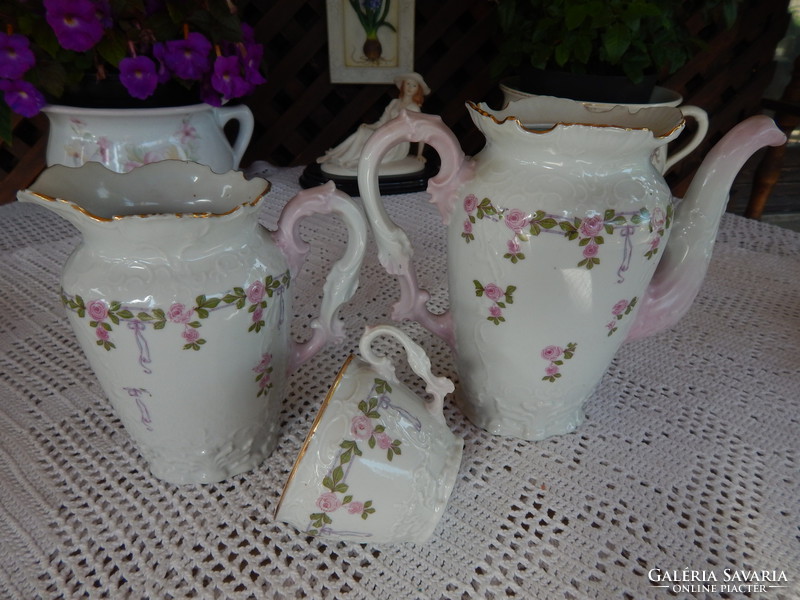 Antik szecessziós porcelán rózsás teás készlet 