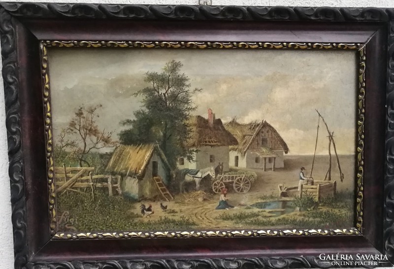 Antik festmény legalább 100éves, falusi festmény, udvar népi élet!