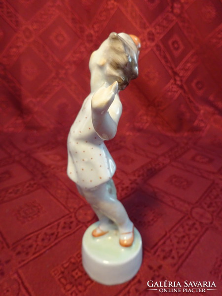 Antique Zsolnay porcelain figure with shield seal, girl playing ball, height 14 cm. He has!