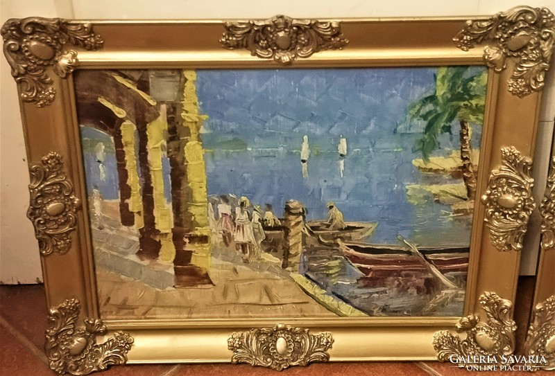 Szignált Mediterrán tengerpart festmények PÁRBAN !! 1940 körüli EREDETI GARANCIÁVAL !