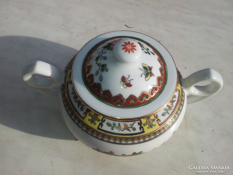 Chinese rose sugar bowl with cream, 3 tea cups,