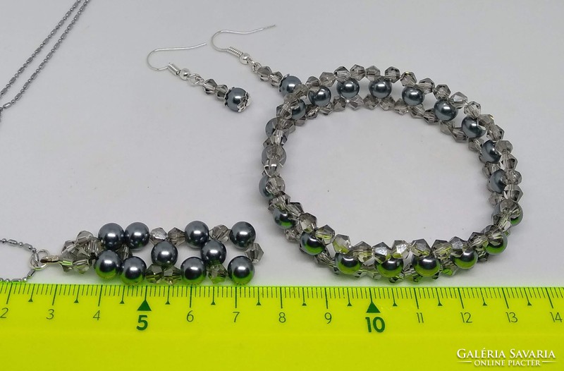 Gray pearl and bicone crystal bracelet-earring-necklace set
