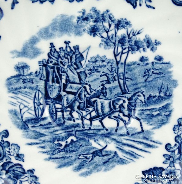 1C321 Johnson Bros kék-fehér vadász jelenetes fajansz csészealj tányér pár