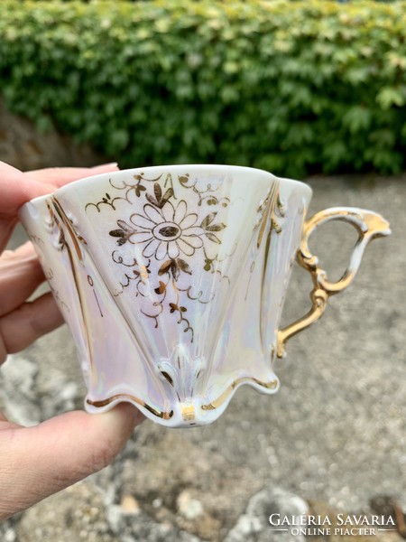 Aranyozott festésű hajszálvékony szögletes porcelán csésze és tányér készlet az 50-es évekből