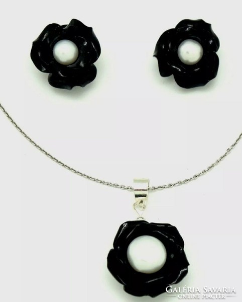 Cute black floral silver set with pearls -- new