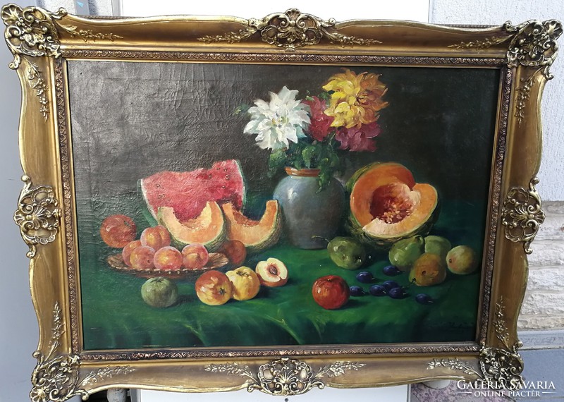 Huge, wonderful antique fruit-flower table still life 100x70cm. Excellent decoration, blondel frame
