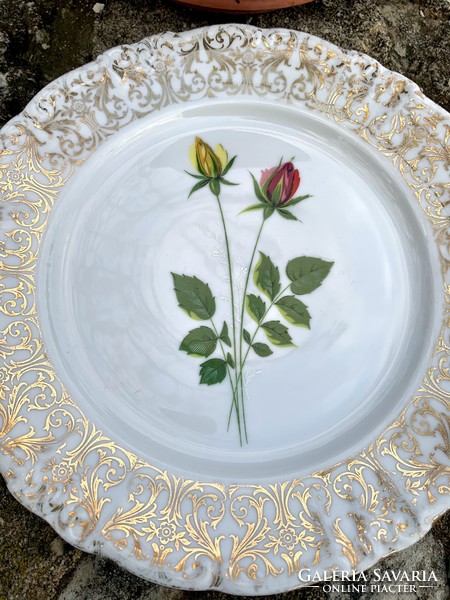 Régi Bavaria rózsa mintás arany festett porcelán tányér, rózsás dísztál, festett kínáló, asztalközép